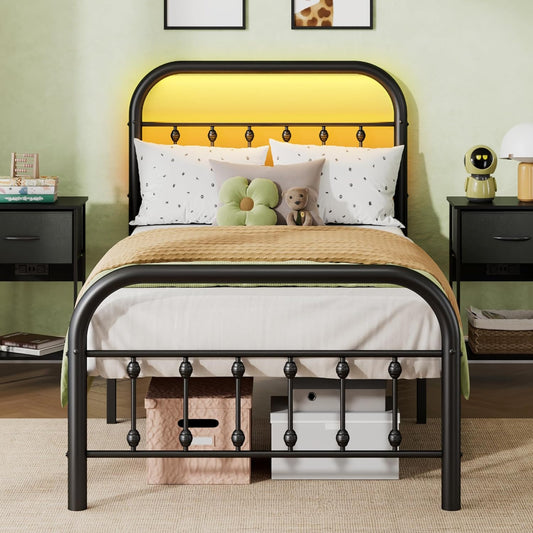 Twin Bed Frame, Twin Size Bed Frames with LED Lights and Charging Station, Metal Bed Frame with Headboard, No Box Spring Required,Easy Assembly,Black