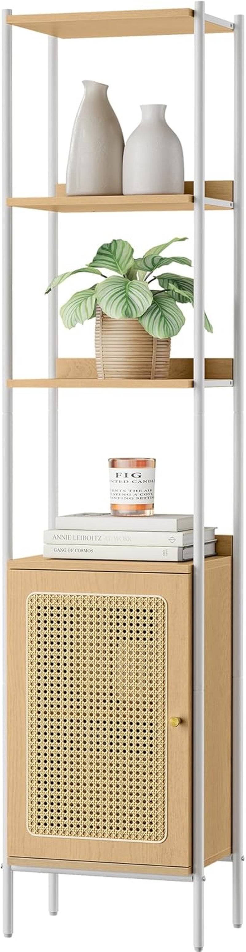 6-Tier Bookcase, Bookshelf with Rattan-Like Door, Boho Style, Freestanding 15.7-Inch Wide Storage Shelf, Metal Frame, Adjustable Shelf, for Living Room, Oak Beige and Pearl White ULLS122W57