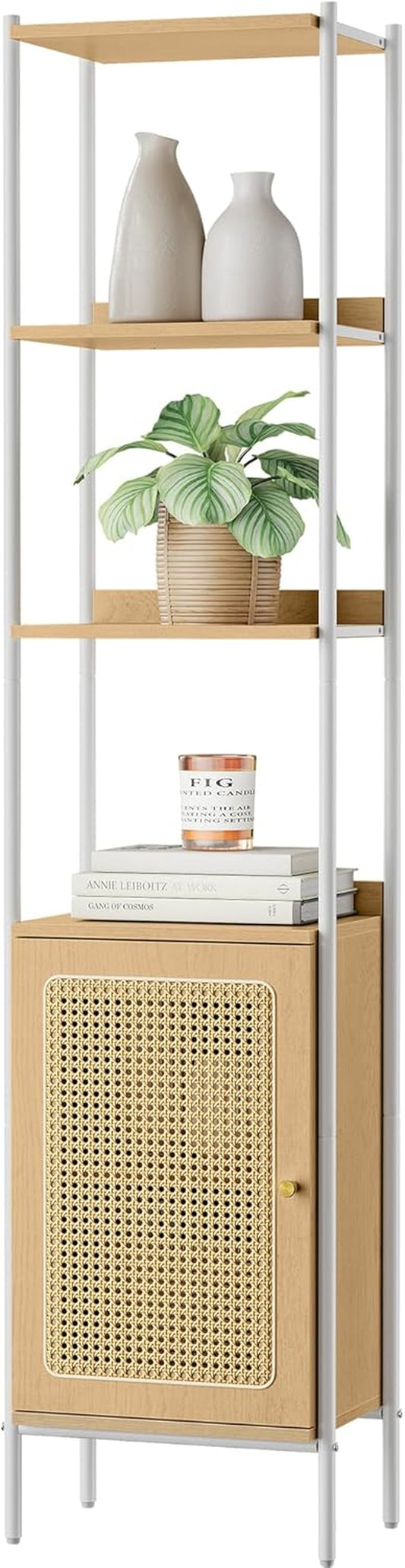 6-Tier Bookcase, Bookshelf with Rattan-Like Door, Boho Style, Freestanding 15.7-Inch Wide Storage Shelf, Metal Frame, Adjustable Shelf, for Living Room, Oak Beige and Pearl White ULLS122W57