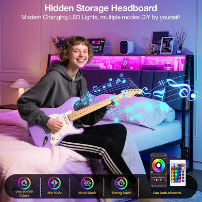 Hidden Storage Headboard King Size with Charging Station, Ergonomic Upholstered King Headboard Only with LED Lights, 2 Outlets & 2 USB Ports, Attach Frame, Easy Assembly, Dark Grey