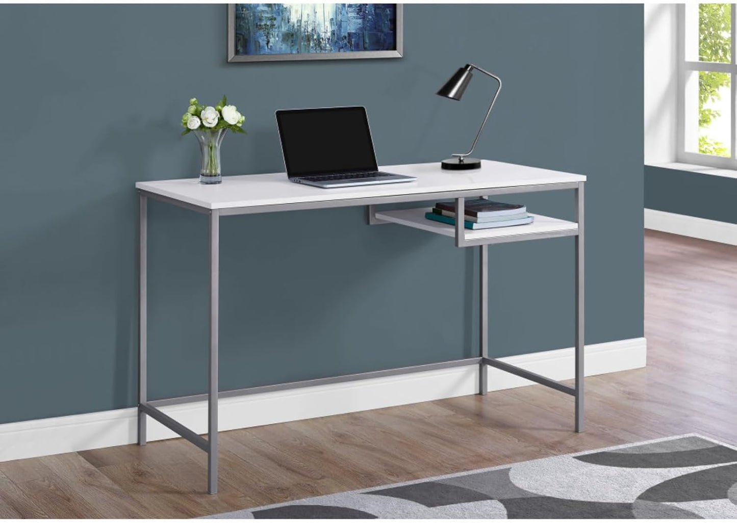 Contemporary Home Office Work Desk for Small Spaces with Storage Shelf, Modern Design PC Laptop Desk with Sturdy Coated Silver Metal Legs
