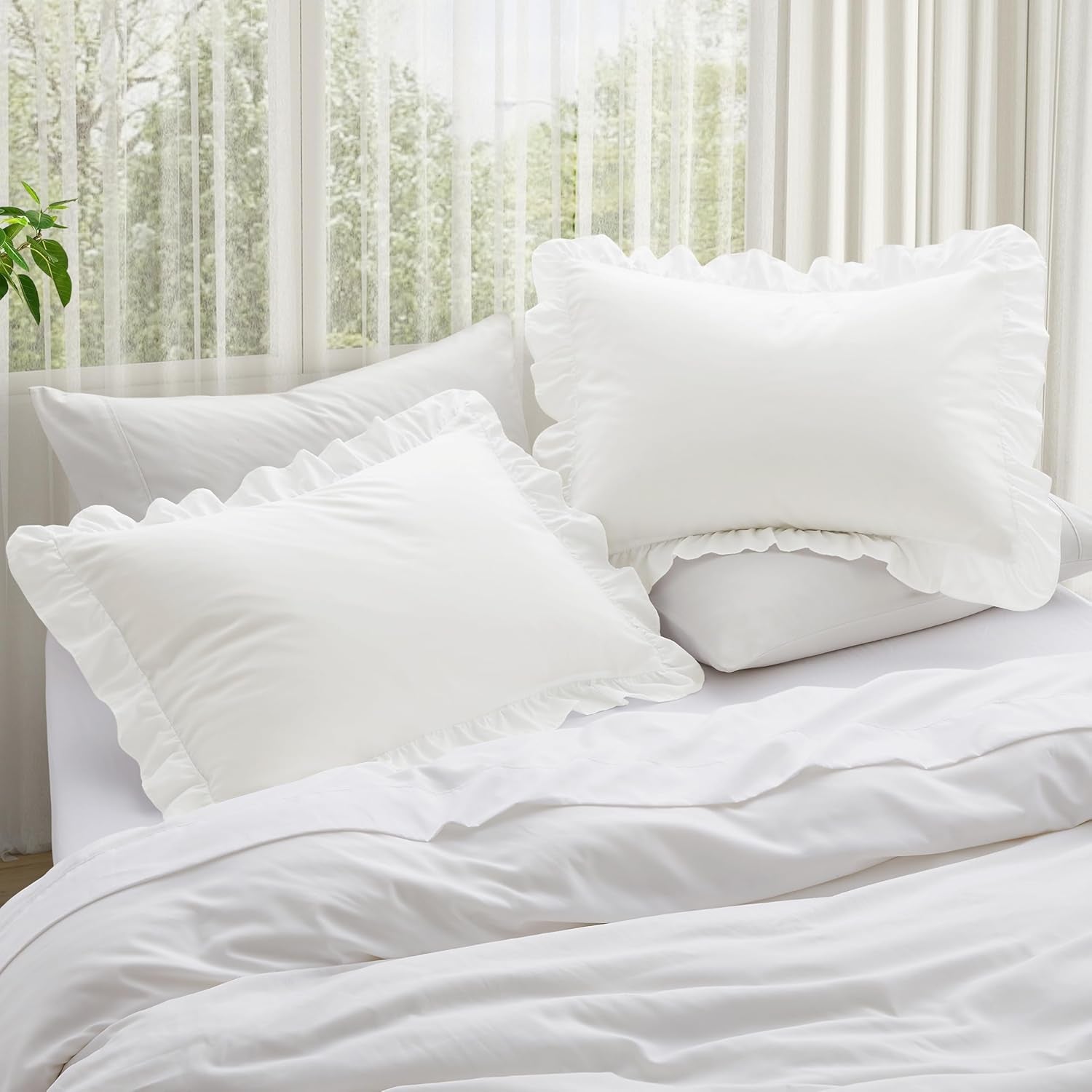 Ruffle Pillow Cases King Size Set of 2, Ruffled Pillow Covers with Envelope Closure, Wrinkle Resistant Pillowcases 20" X 36", Ruffled Pillow Shams, White