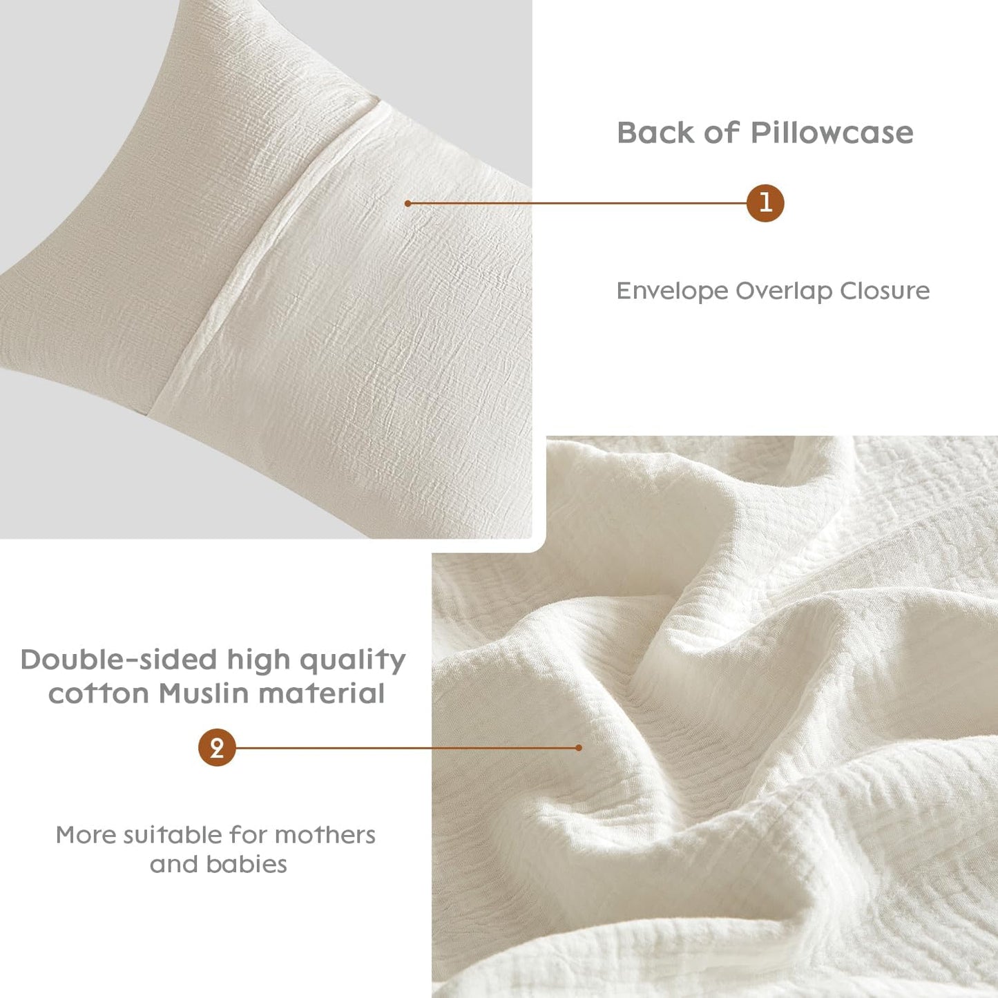 Muslin Pillowcases King Size 100% Cotton, 2 Pack Linen like Pillow Shams with Envelope Closure, Ultral Soft and Breathable Pillow Case Covers, White, 20" X 36", No Filling