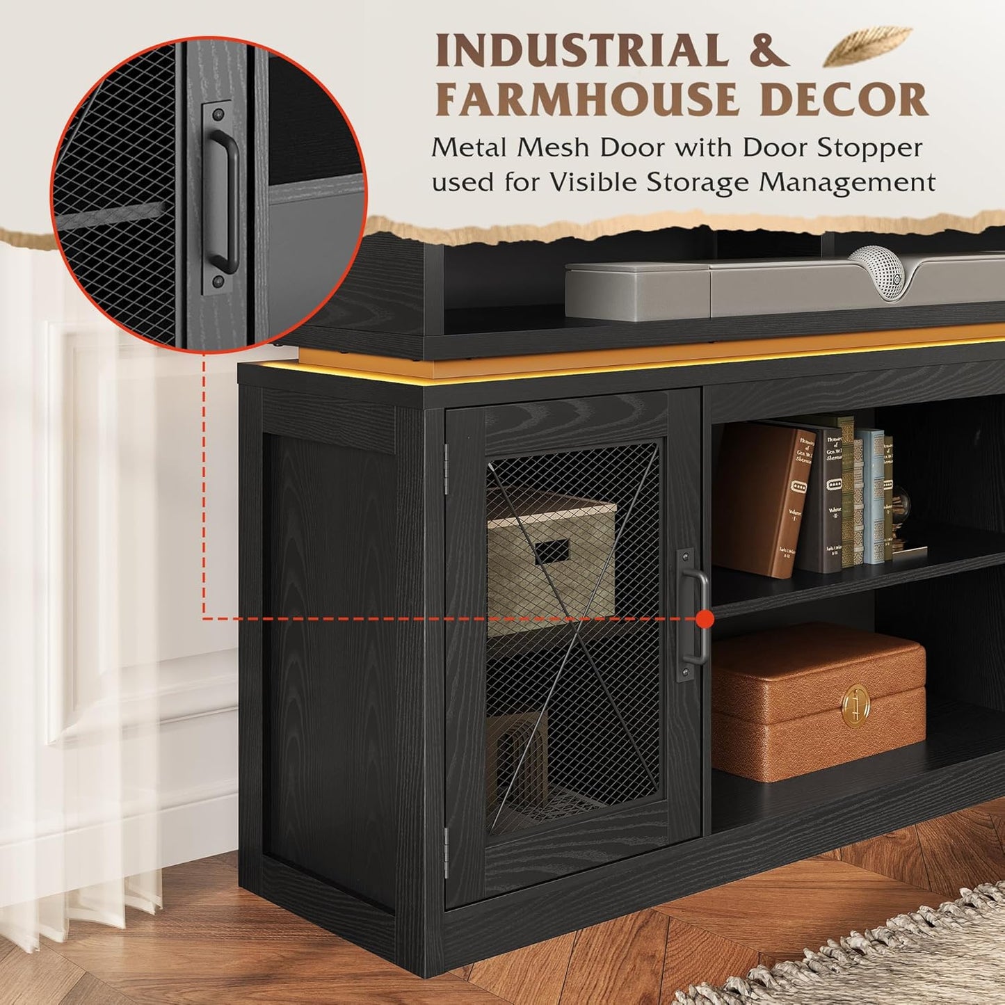 Farmhouse TV Stand for 65 Inch TV, Tall Entertainment Center with Storage Cabinets, Media Console TV Cabinet with LED for Living Room and Bedroom, Black