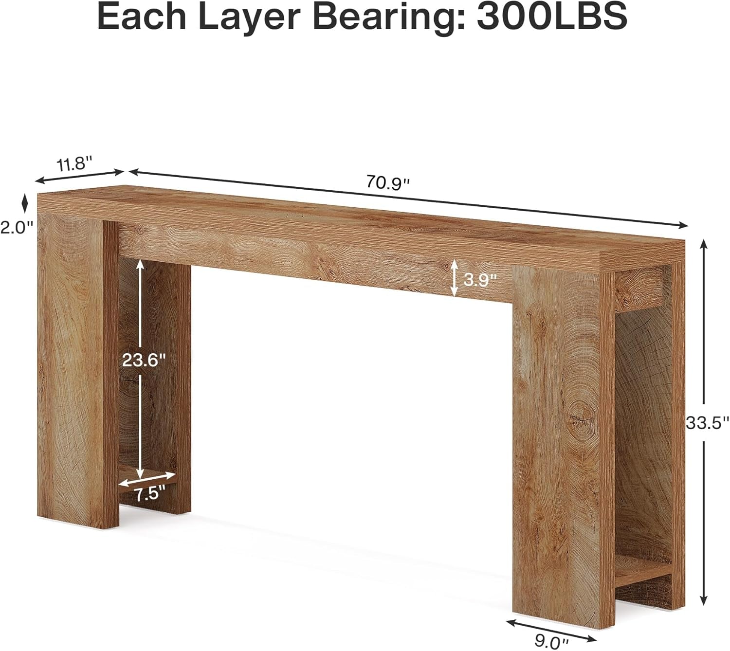 70.9-Inch Extra Long Console Table, Farmhouse Wood Sofa Table behind Couch, Narrow Entryway Accent Table for Living Room, Hallway, Entrance, Foyer, Light Oak Brown