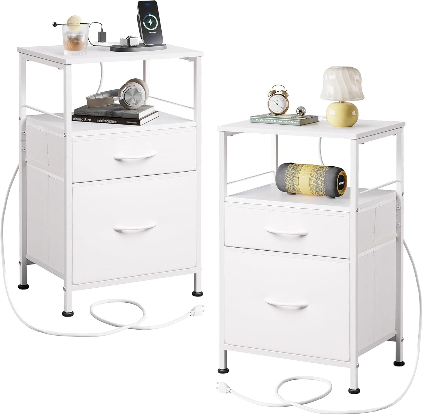 Night Stand Set 2, White Nightstand with Charging Station, Nightstands for Bedroom Set of 2, Bedside Tables, Side Table with 2 Fabric Drawers, Small Dresser with USB Ports and Outlets