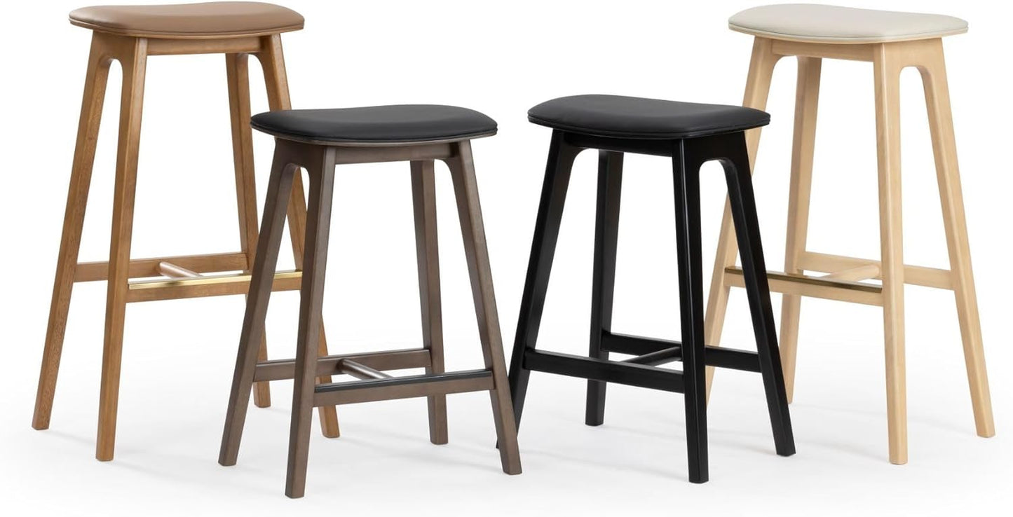 Beryl Counter Height Stool - Mid-Century Modern Rubberwood Bar Stool with Faux Leather Seat, Metal Footrest, Easy Assembly, 2-Pack, Pecan/Toffee
