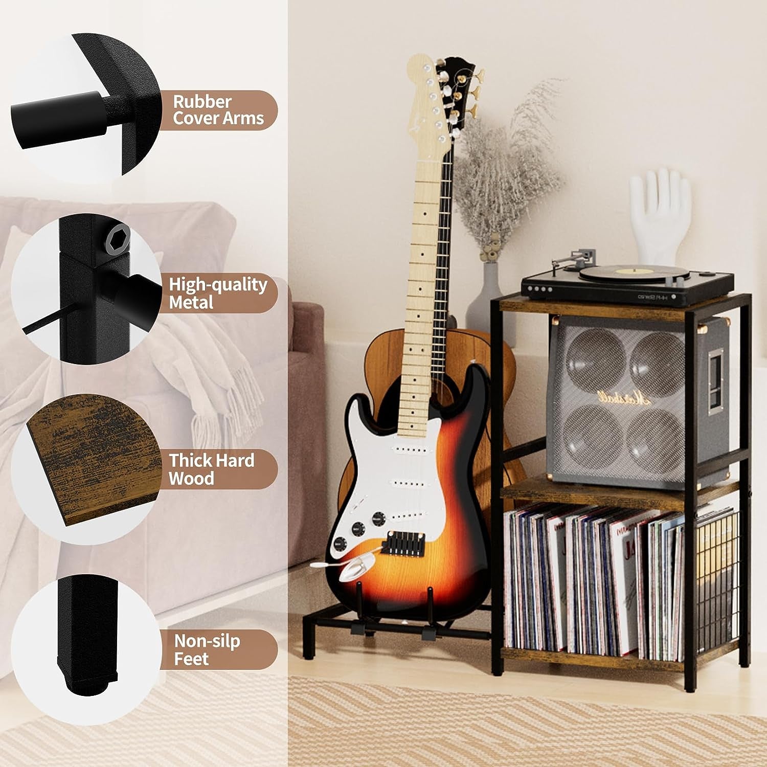 End Table with Guitar Stand,Record Player Stand,Vinyl Records Storage,2-Tier Guitar Stand for Acoustic,Turntable Stand for Music Studio-Brown