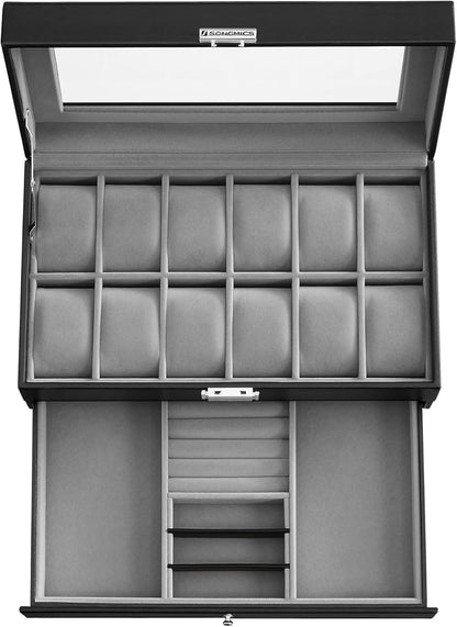 Watch Box, 12-Slot Watch Case Organizer with Large Glass Lid, 2 Layers, Removable Pillows, Metal Lock, Gift for Loved Ones, Black Synthetic Leather, Gray Lining UJWB012