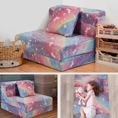 Glow Rainbow Unicorn Tri-Fold Sofa Bed for Kids, Foldable Futon Mattress, Chair, and Floor Couch for Playroom