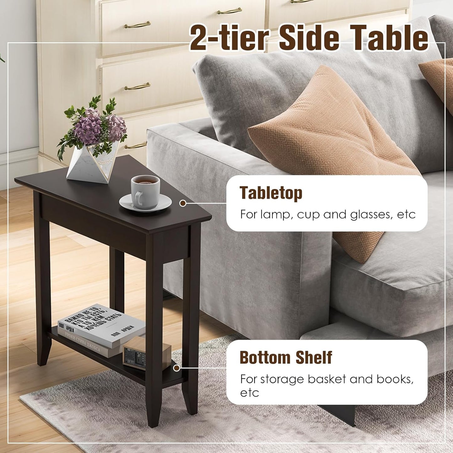 Wedge End Table, Triangle Side Table with Storage Shelf and Solid Wood Legs, Recliner Table, 24.5" Tall Nightstand, Modern Narrow Accent Table for Small Space Living Room, Espresso