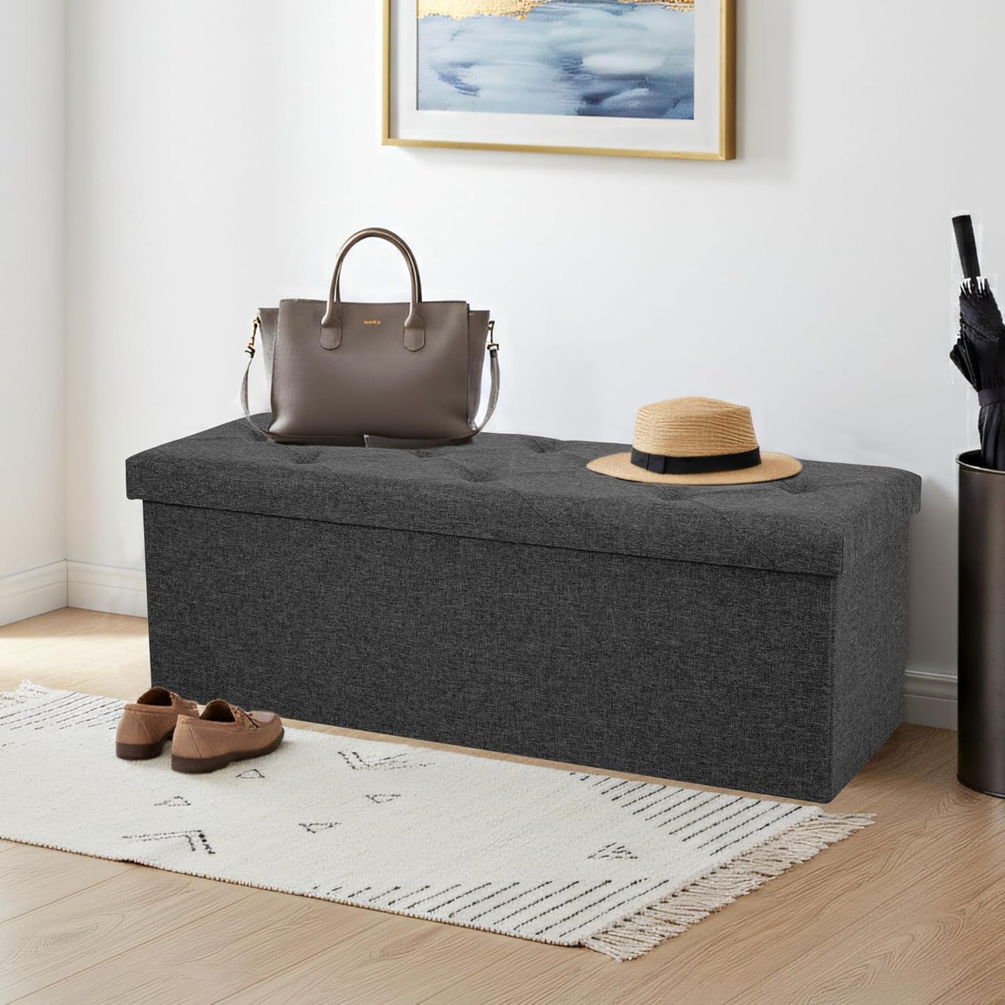 Foldable Storage Ottoman Bench, Storage Chest, End of Bed Foot Rest Stool with Padded Seat, 43 Inch Bedroom Bench for Living Room, Support 660Lbs, Grey
