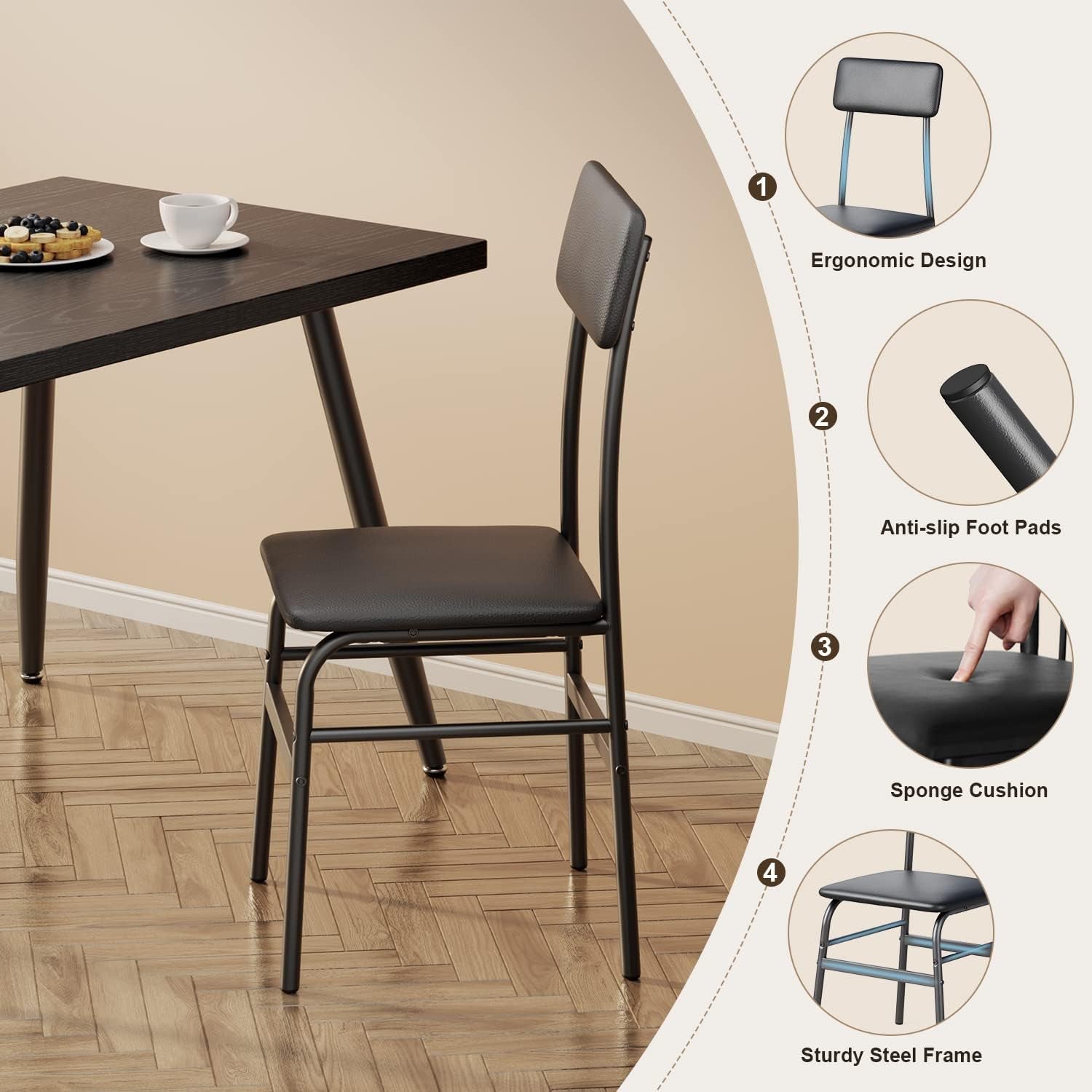 5 Piece Dining Table Set for 4, Modern Metal & Wood Kitchen Dinner Table with 4 Chairs, Space-Saving Dining Room Furniture Table & Chair Sets for Small Spaces & Apartment, Black
