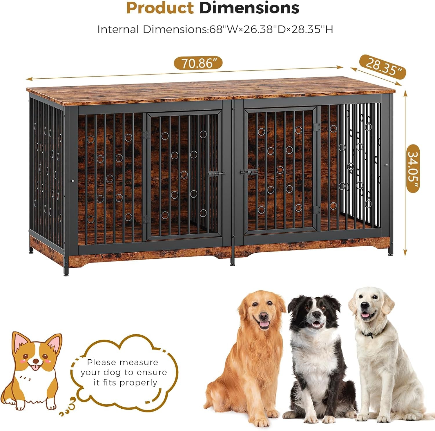 71 Inch Dog Crate Furniture for 2 Dogs with Divider, XXL Wooden Double Dog Cage Furniture TV Stand, Sturdy Indoor Pet Kennel for Medium and Large Breed, Brown