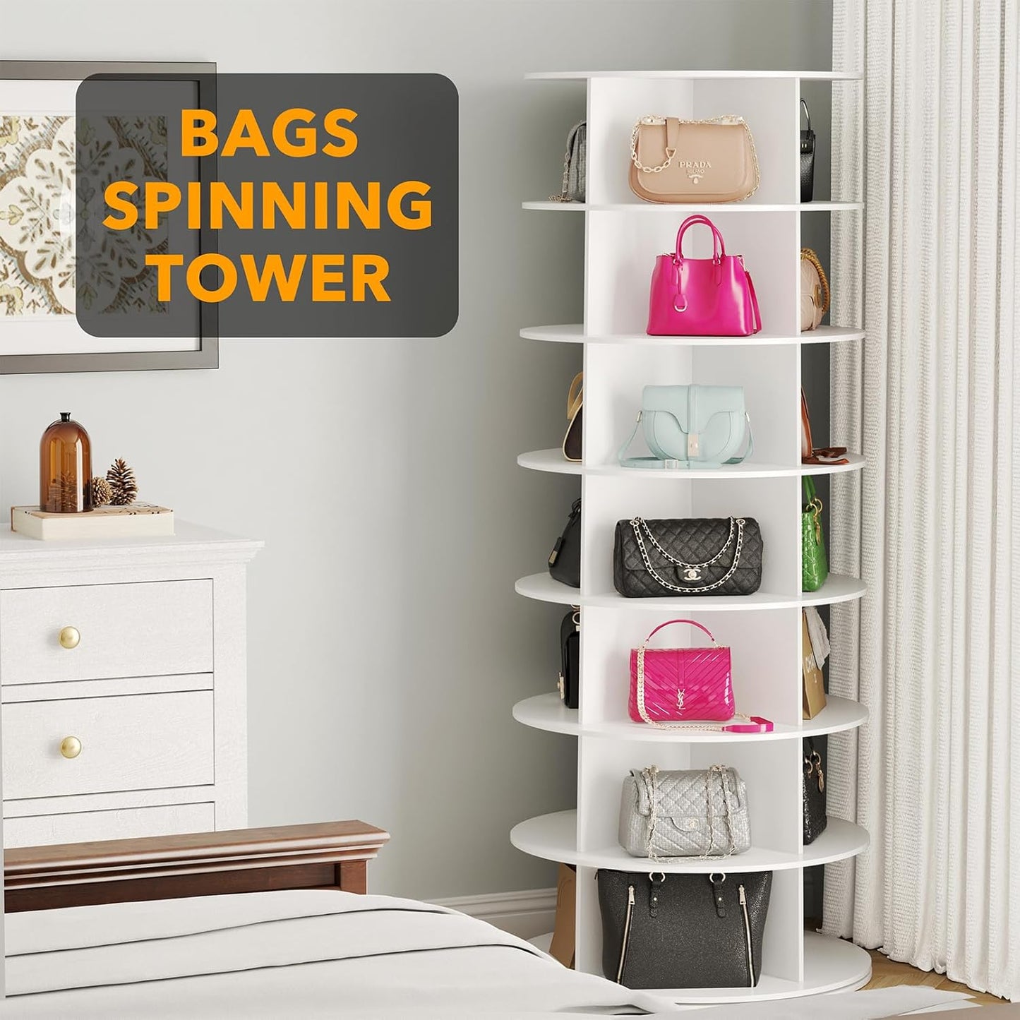 7 Tier Rotating Shoe Rack Tower, Spinning Shoe Display Lazy Susan, Revolving 360 Shoe Rack Storage round Carousel, Vertical Handbag Rotate Shoes Closet Organization (7-Tier White)