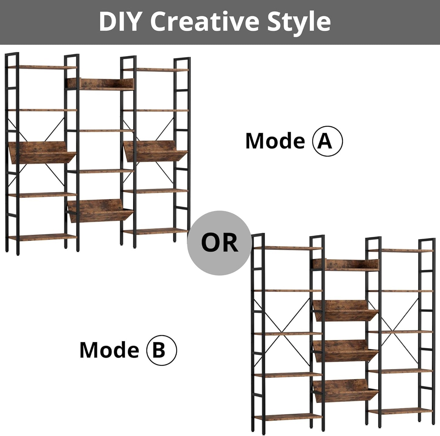 Bookshelf, Bookshelves and Bookcases, Triple Wide 5 Tiers Book Shelf with Baffles, Industrial Bookshelf with Metal Frame for Living Room, Home Office