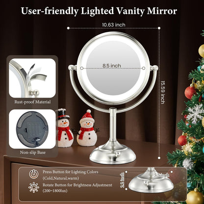 Professional 8.5" Large Lighted Makeup Mirror with Brighter Lights, 1X/10X True HD Magnifying Mirror with 3 Color Dimmable Lights, 90 Shadowless Leds, 360°Swivel Seamless Vanity Mirror, Pearl Nickel