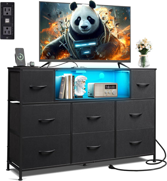 Black TV Stand for 45, 50, 55 Inch TV, Entertainment Center with LED Lights & Charging Station, TV Media Console Table with 8 Fabric Drawers and Open Shelves for Living Room, Hallway, Wood Top