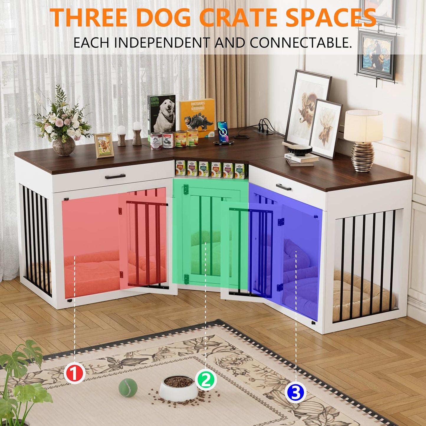 Extra Large Corner Dog Crate Furniture for 3 Dogs,3 in 1 Wooden Dog Crate Kennel with 2 Drawers,Divider,Power Outlet,Heavy Duty Double Dog Kennel Indoor for Small,Medium,Large Dogs,White ﻿