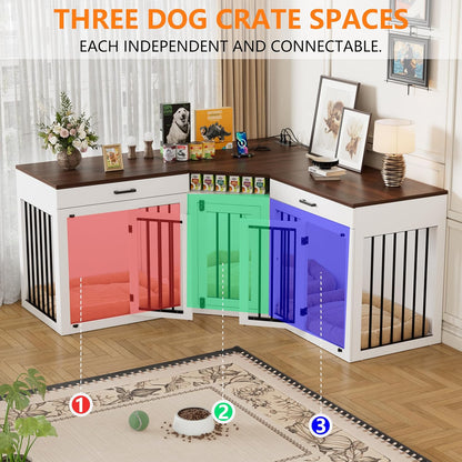 Extra Large Corner Dog Crate Furniture for 3 Dogs,3 in 1 Wooden Dog Crate Kennel with 2 Drawers,Divider,Power Outlet,Heavy Duty Double Dog Kennel Indoor for Small,Medium,Large Dogs,White ﻿