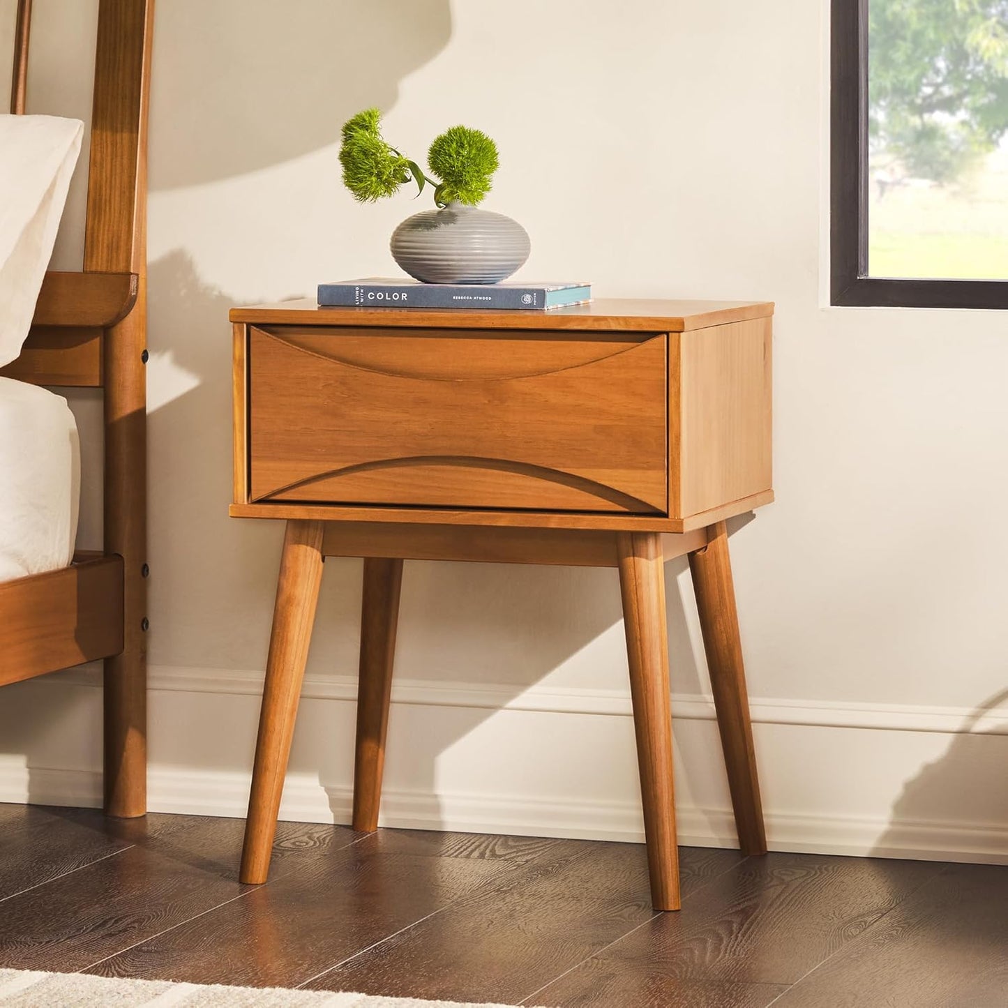 Atticus Solid Wood Retro 1-Drawer Nightstand, 25 Inch, Caramel