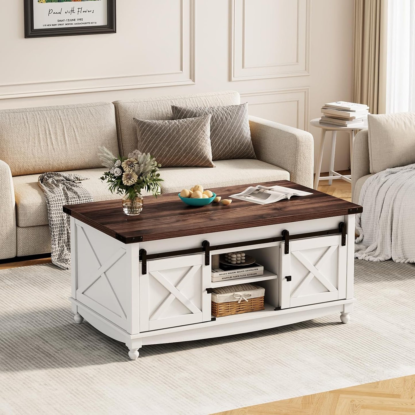 48" Farmhouse Lift Top Coffee Table with Storage Sliding Barn Door & Large Hidden Compartment, Coffee Table with Lifting Top with Wooden Lift Tabletop, Coffee Tables for Living Room, White
