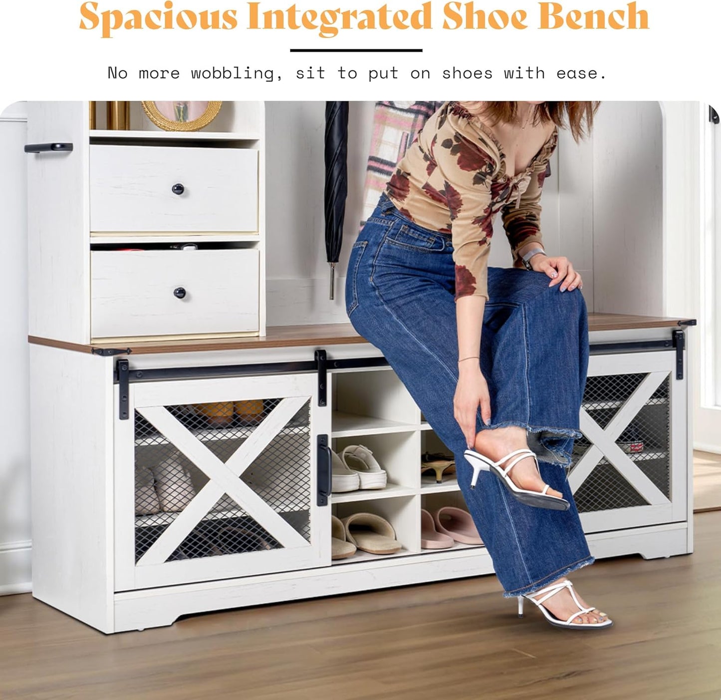 7-In-1 Farmhouse Hall Tree with Bench and Shoe Cabinet, LED Entryway Organizer with 2 Drawers, 12 Shoe Cubbies & Barn Doors, 7 Coat Racks with Shoe Storage, Rustic White