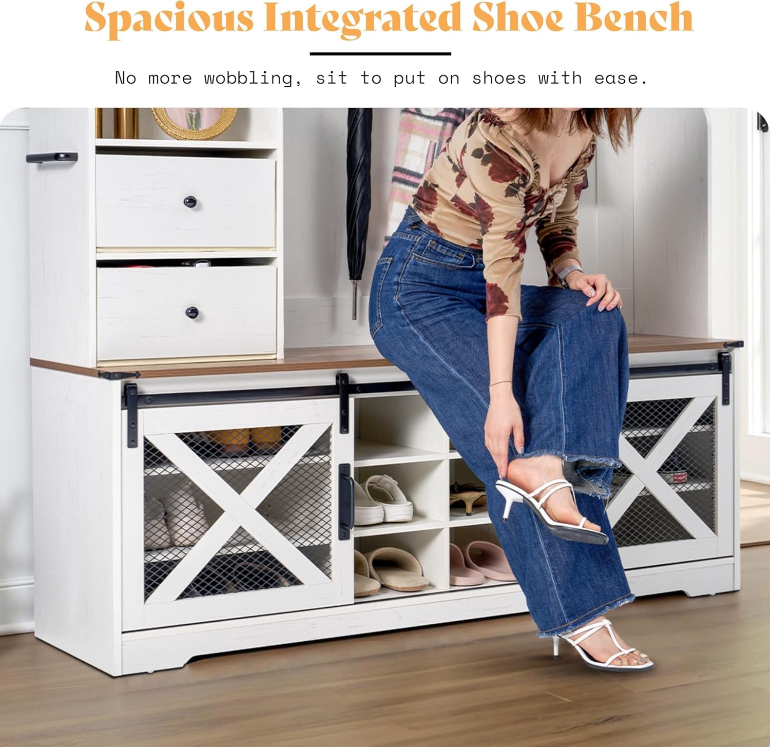 7-In-1 Farmhouse Hall Tree with Bench and Shoe Cabinet, LED Entryway Organizer with 2 Drawers, 12 Shoe Cubbies & Barn Doors, 7 Coat Racks with Shoe Storage, Rustic White