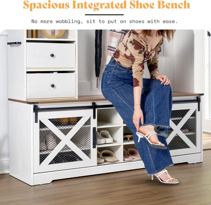 7-In-1 Farmhouse Hall Tree with Bench and Shoe Cabinet, LED Entryway Organizer with 2 Drawers, 12 Shoe Cubbies & Barn Doors, 7 Coat Racks with Shoe Storage, Rustic White