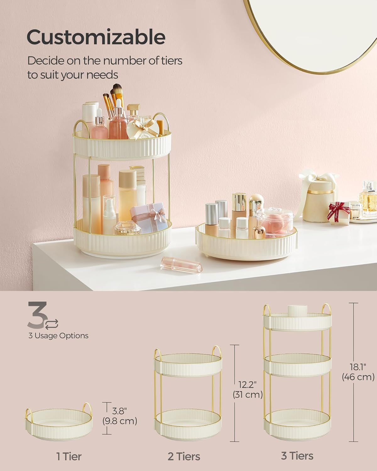 Makeup Organizer, 3-Tier round Rotating Skincare Organizer Countertop, Customizable, Toiletries Vanity Organizer, Lazy Susan, Gift, Cloud White UJKA011W01