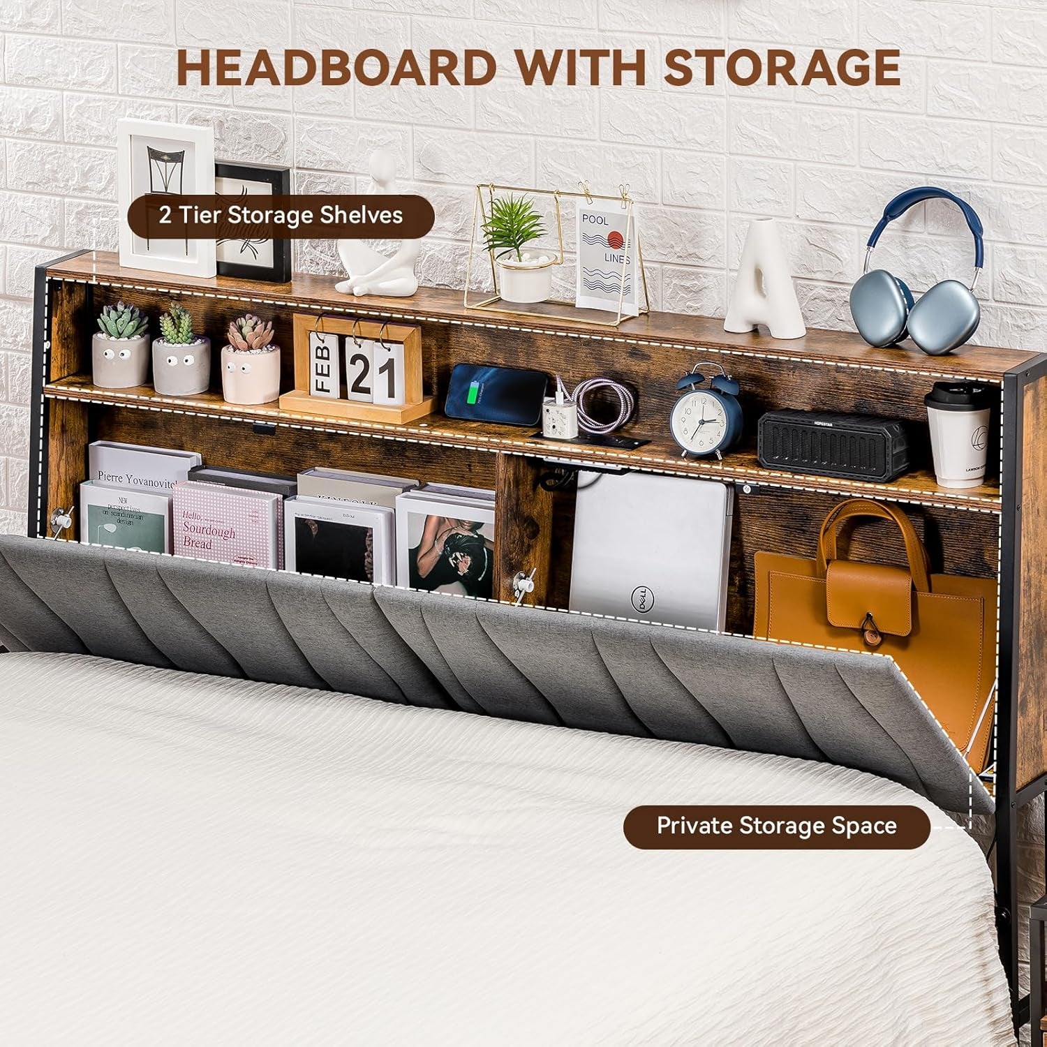 Queen Size Platform Bed Frame with LED Lights and Charging Station, Storage Headboard and Footboard Drawers, No Box Spring Needed, Rustic Wood Look