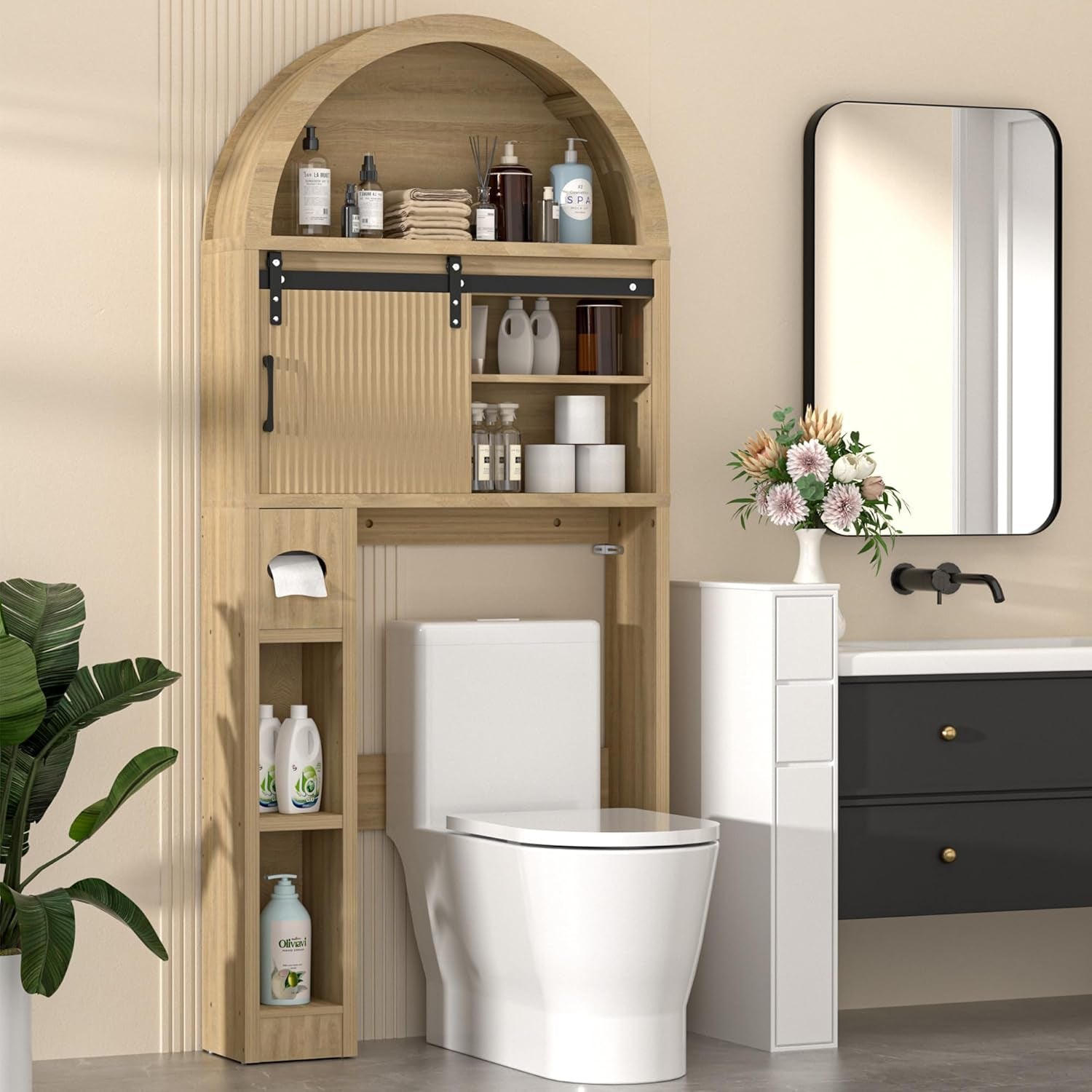 Over the Toilet Storage Cabinet, Bathroom Organizer over Toilet with Sliding Doors, Arched Storage Organizer Cabinet with Anti-Tip Device and Adjustable Shelf for Bathroom, Natural