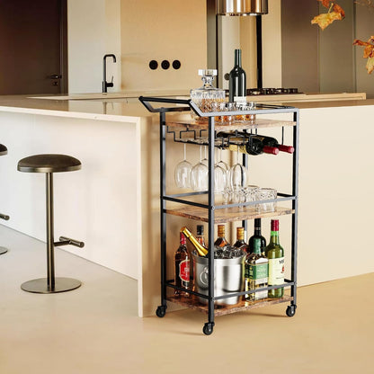 3 Tier Bar Cart, Mini Liquor Utility Cart for Wine Beverage Dinner Party, Rolling Wine Coffee Drink Serving Cart with Lockable Wheels for Home Kitchen Bars (Rustic Brown)