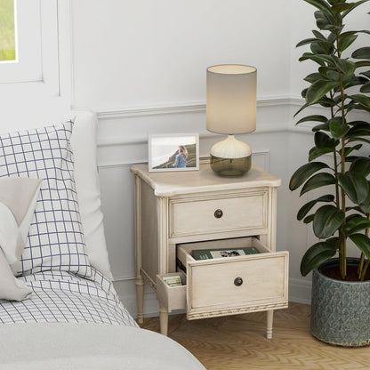 Farmhouse 2 Drawer Nightstand with Hidden Drawer, Antique Finish, Solid Pine Wood with MDF Drawers, Almost Fully Assembled, Cream White