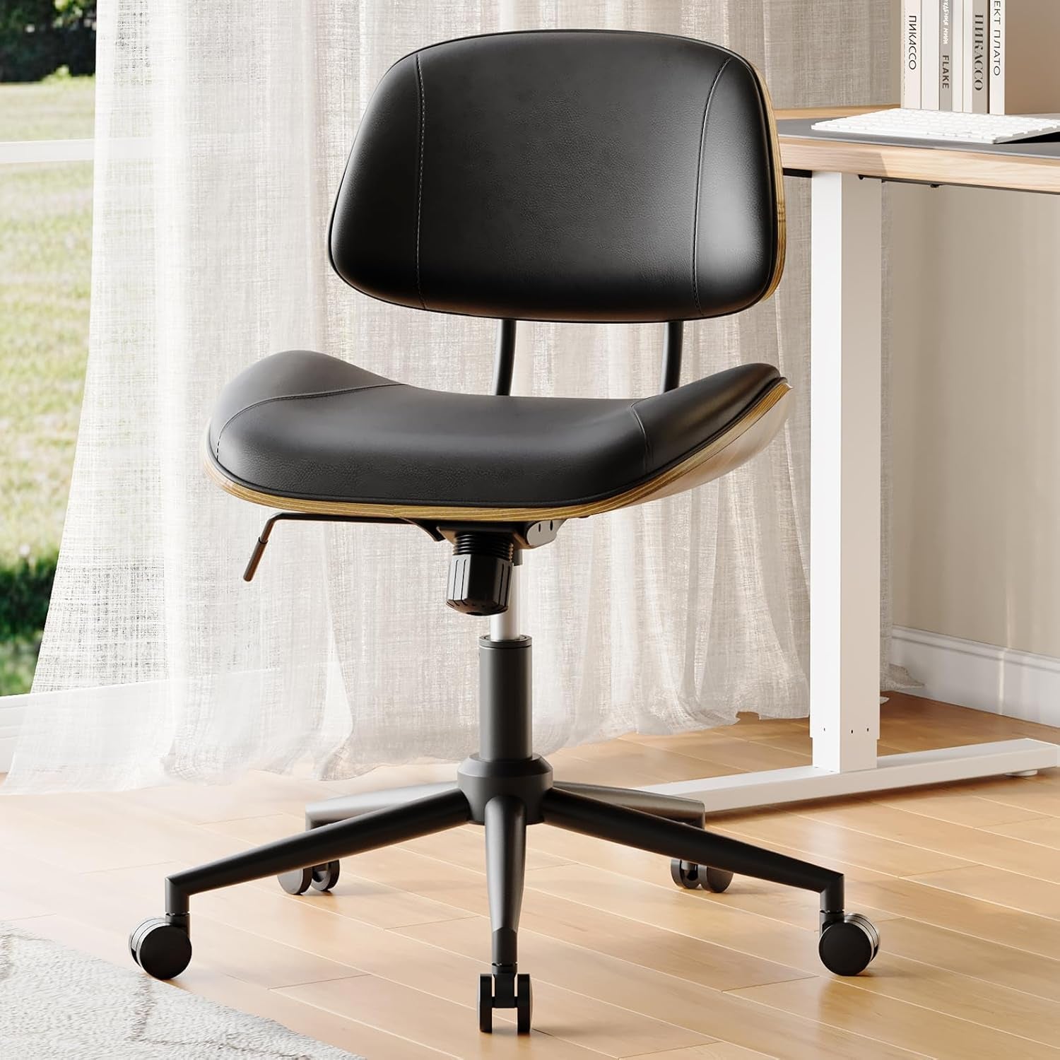 Armless Office Chair with Wheels, PU Leather Adjustable Height Desk Chair - 360° Swivel Ergonomic Computer Chair for Small Space, Modern Walnut Style, Home & Meeting Room, Black