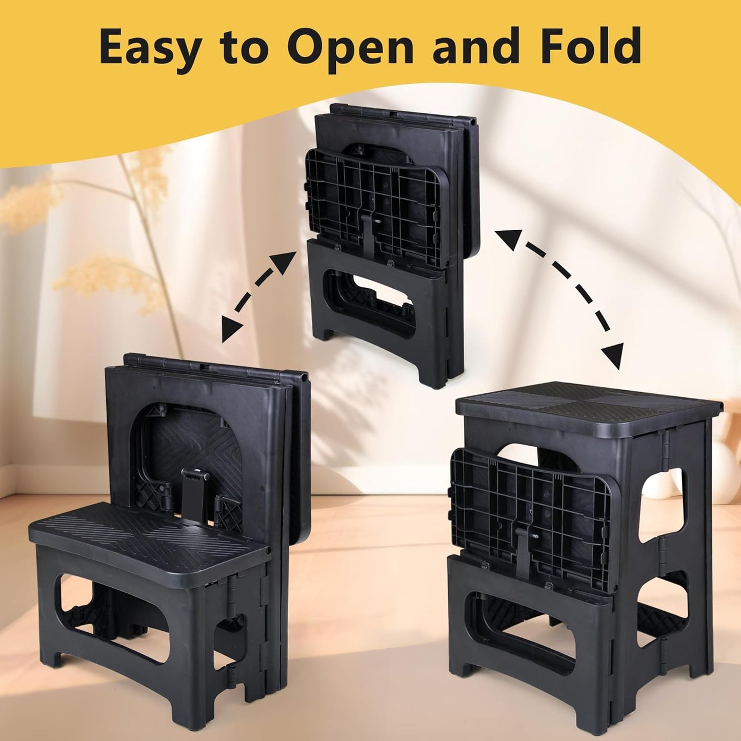 Folding 2-Step Stool, Non-Slip Portable Footstool 8'' & 17'' Dual Heights, Holds 300 Lbs, Portable Footstool for Kitchen Home Toilet Bedroom Office Bathroom Rv(Black)