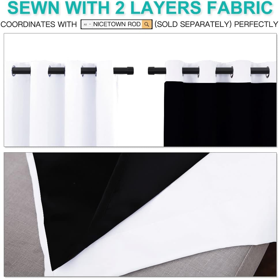 100% Blackout Window Curtain Panels, Cold and Full Light Blocking Drapes with Black Liner for Nursery, 84 Inches Drop Thermal Insulated Draperies (White, 2 Pieces, 52 Wide Each Panel)