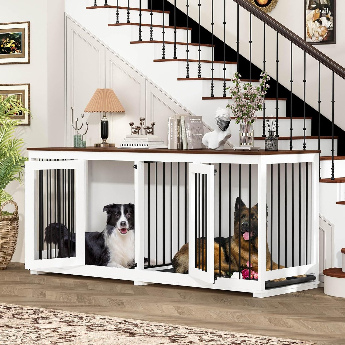 70.9" Large Double Dog Crate Furniture, Wooden Dog Kennel House with Divider & 2 Trays, for Large or 2 Medium Breeds Indoor, White