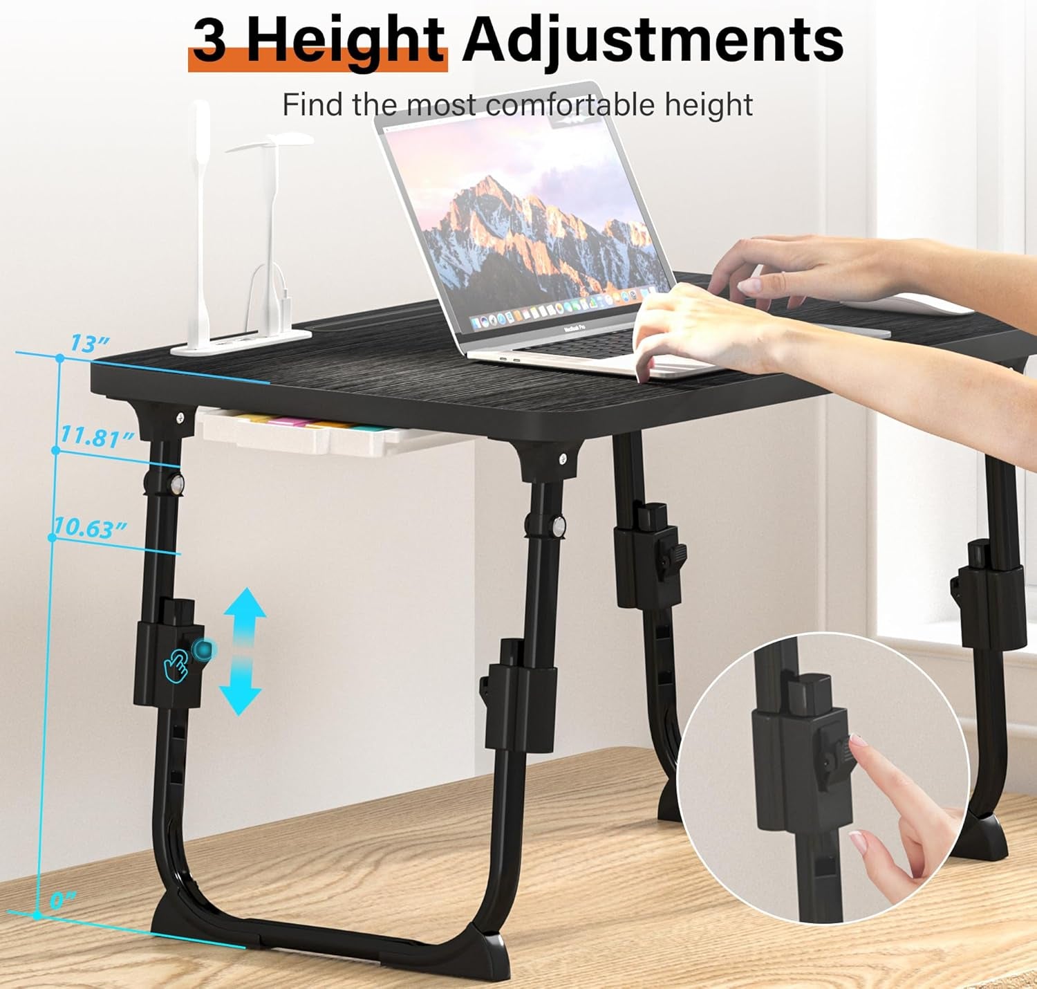 Laptop Desk for Bed Height Adjustable, Lap Bed Table with Usb/Storage Drawer/Cup Holder/Tablet Stand/Book Shelf, Foldable Breakfast Tray Portable for Reading Writing, Sofa & Floor, Black