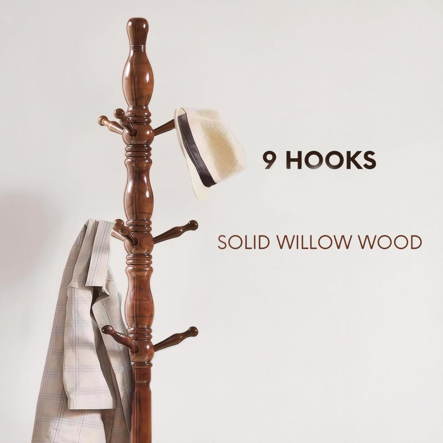 Coat Rack, Natural Wood Coat Racks with 3 Height Options and 9 Hooks,Coat Tree Ease of Assembly,Freestanding Hall Tree for Home/Office/Entryway/Hallway (Walnut)