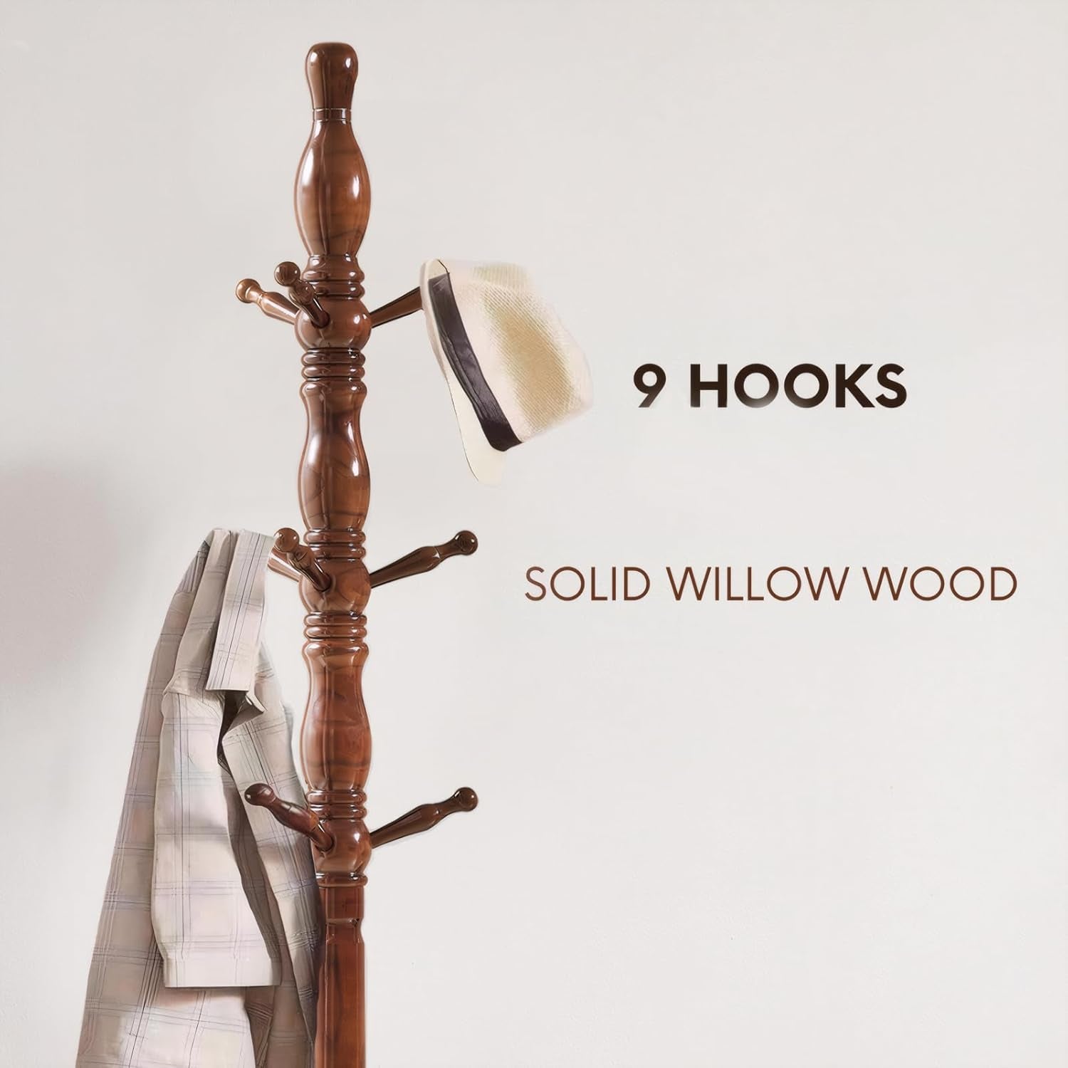 Coat Rack, Natural Wood Coat Racks with 3 Height Options and 9 Hooks,Coat Tree Ease of Assembly,Freestanding Hall Tree for Home/Office/Entryway/Hallway (Walnut)