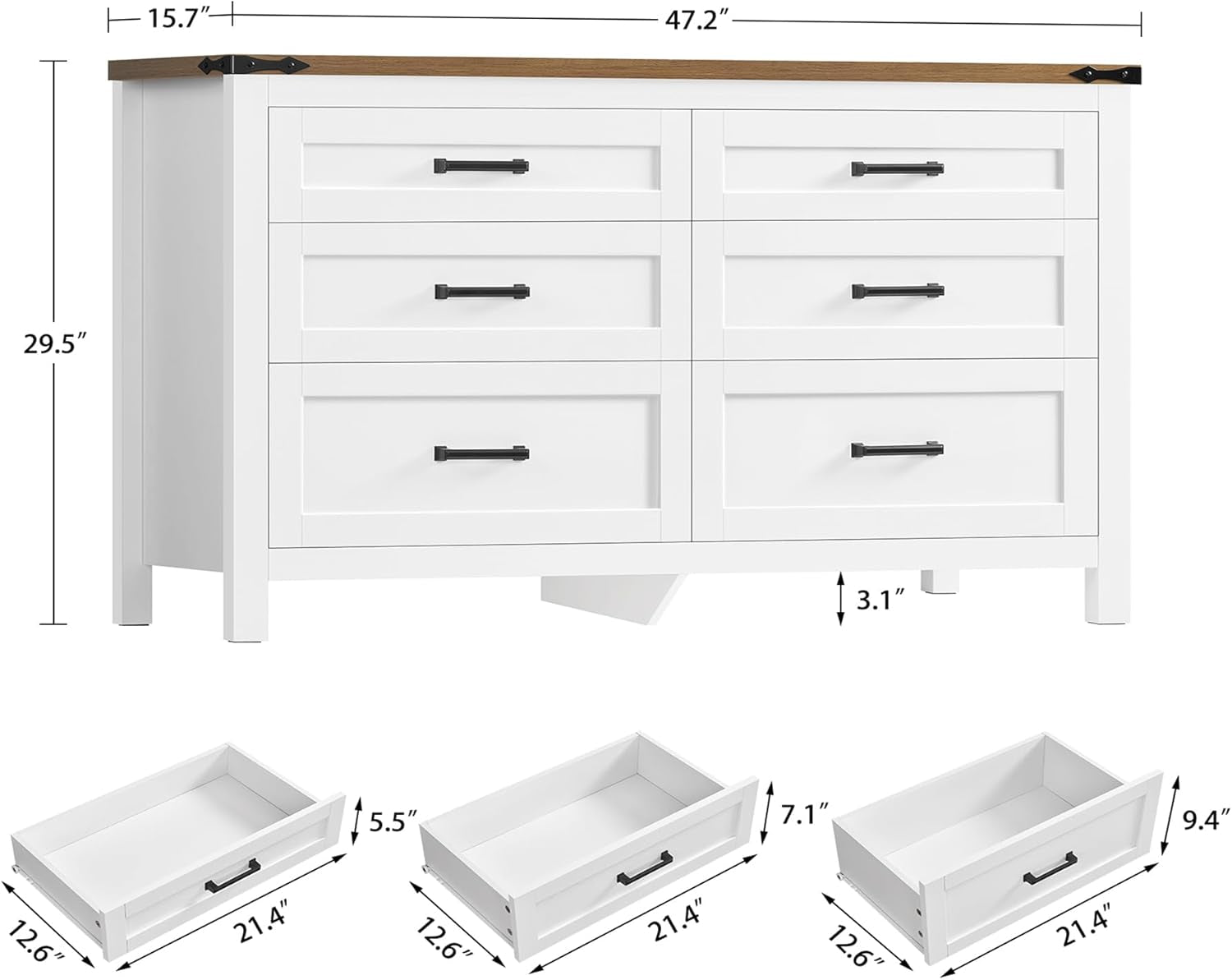 47.2" Dresser for Bedroom, White 6 Drawer Dresser with Metal Handles, Wood Dressers & Chests of Drawers for Closet, Farmhouse Dressers for Bedroom, Entryway, White