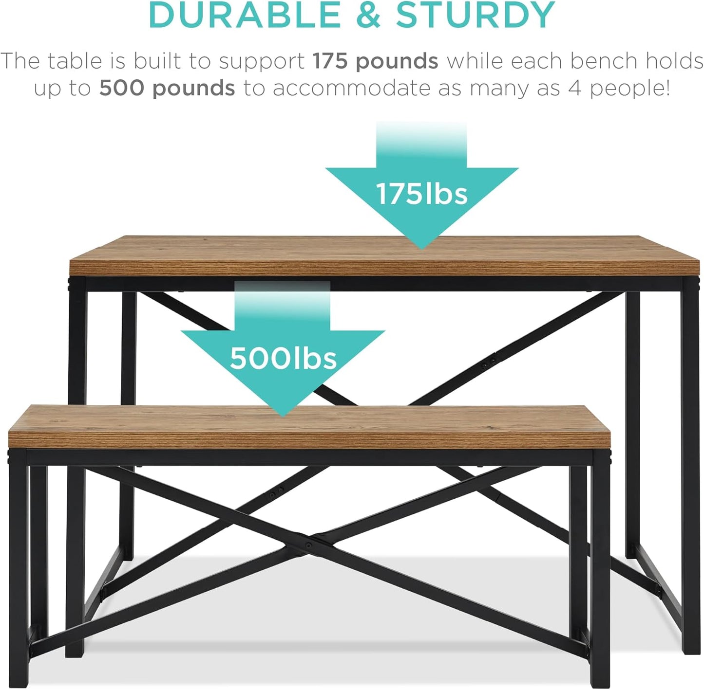 45.5In 3-Piece Bench Style Dining Furniture Set, 4-Person Space-Saving Dinette for Kitchen, Dining Room W/ 2 Benches, Table - Light Brown/Black