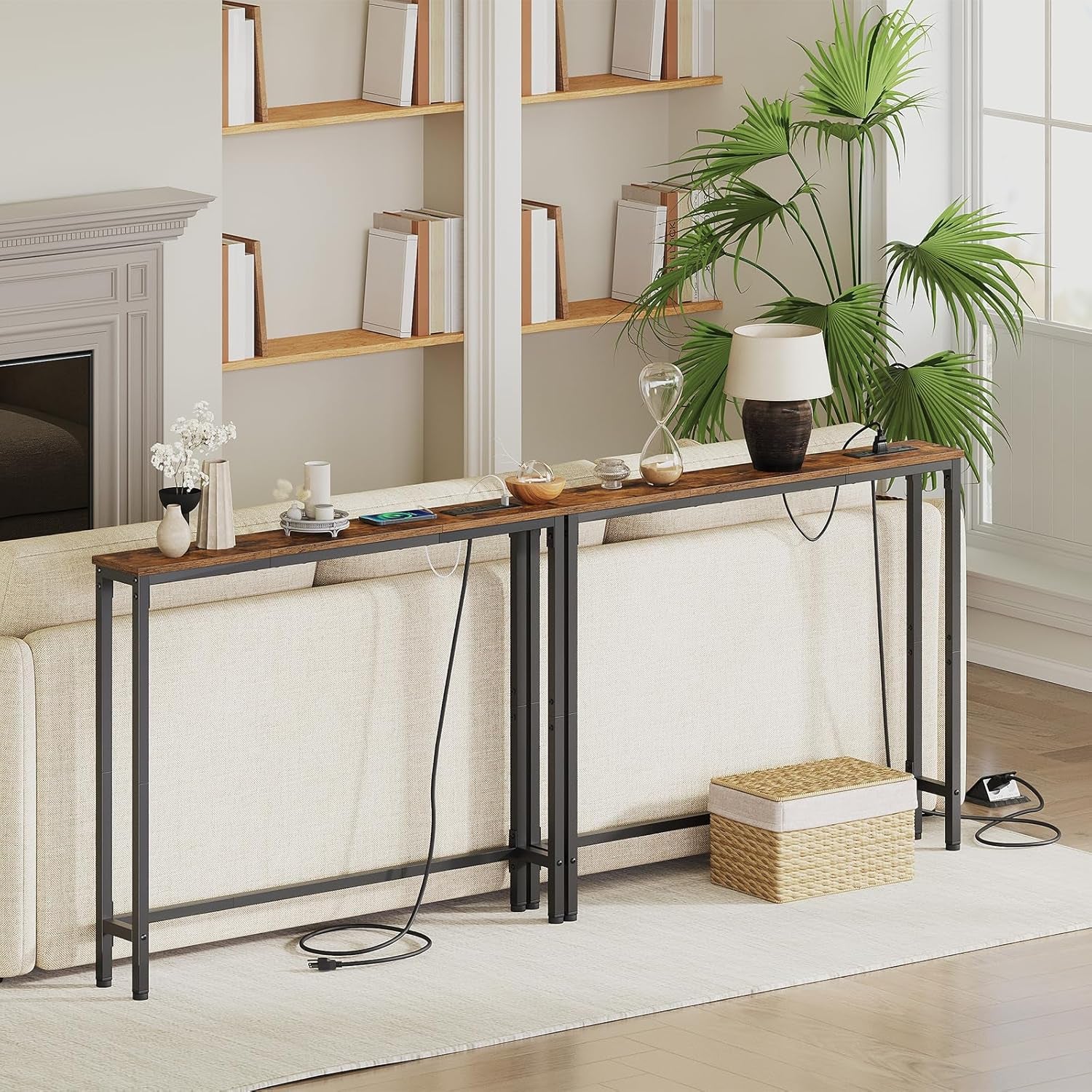 39.4 Inch Narrow Console Table with Power Outlets, 5.9 Inch Skinny Sofa Table behind Couch, Small Entryway Table, Metal Frame, for Living Room, Hallway, Rustic Brown and Black BF52UXG01