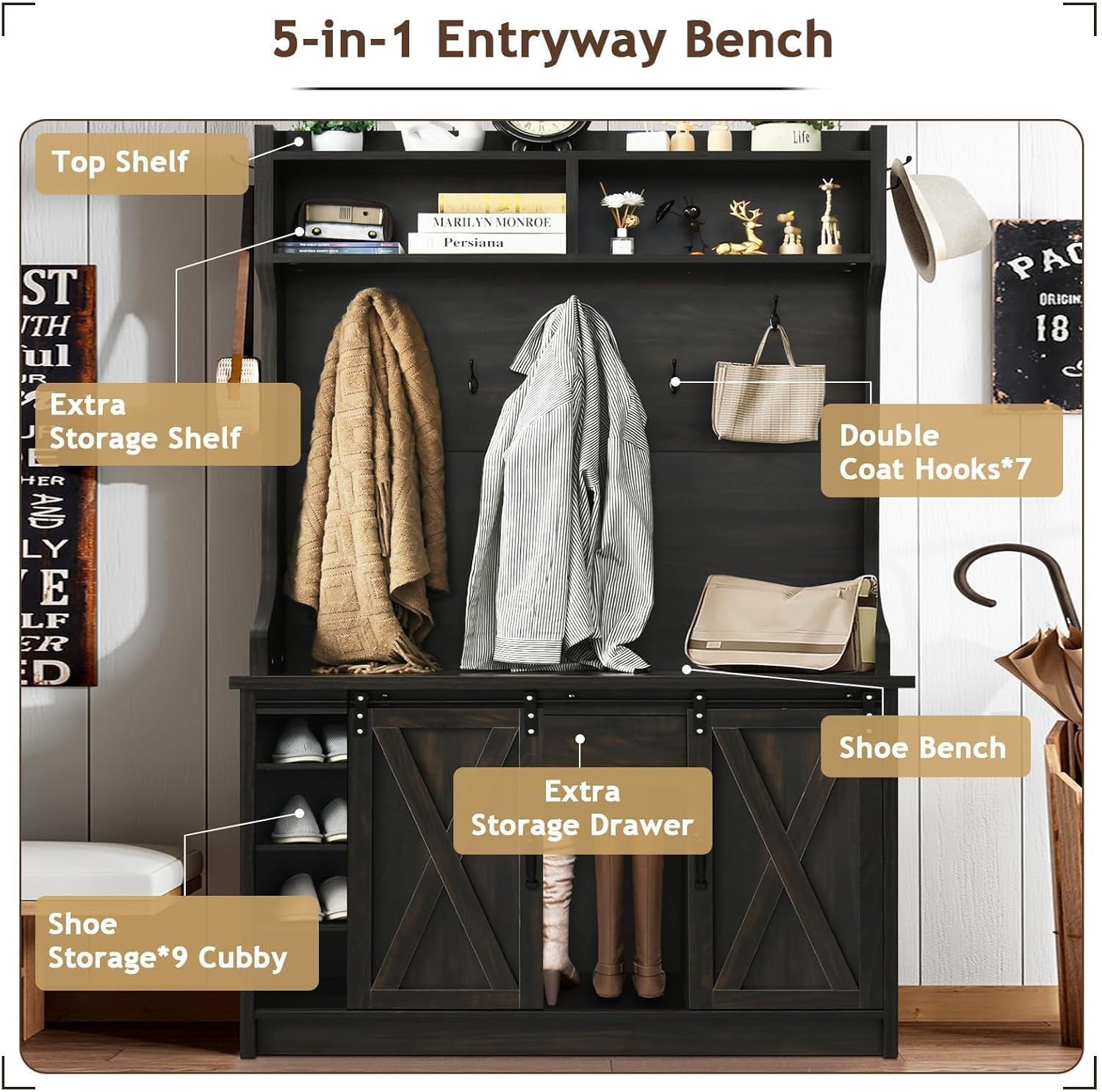 Hall Tree with Shoe Storage, 5-In-1 Entryway Bench with Storage Coat Rack, Entryway Hall Tree with Bench and Adjustable Shelf, Brown