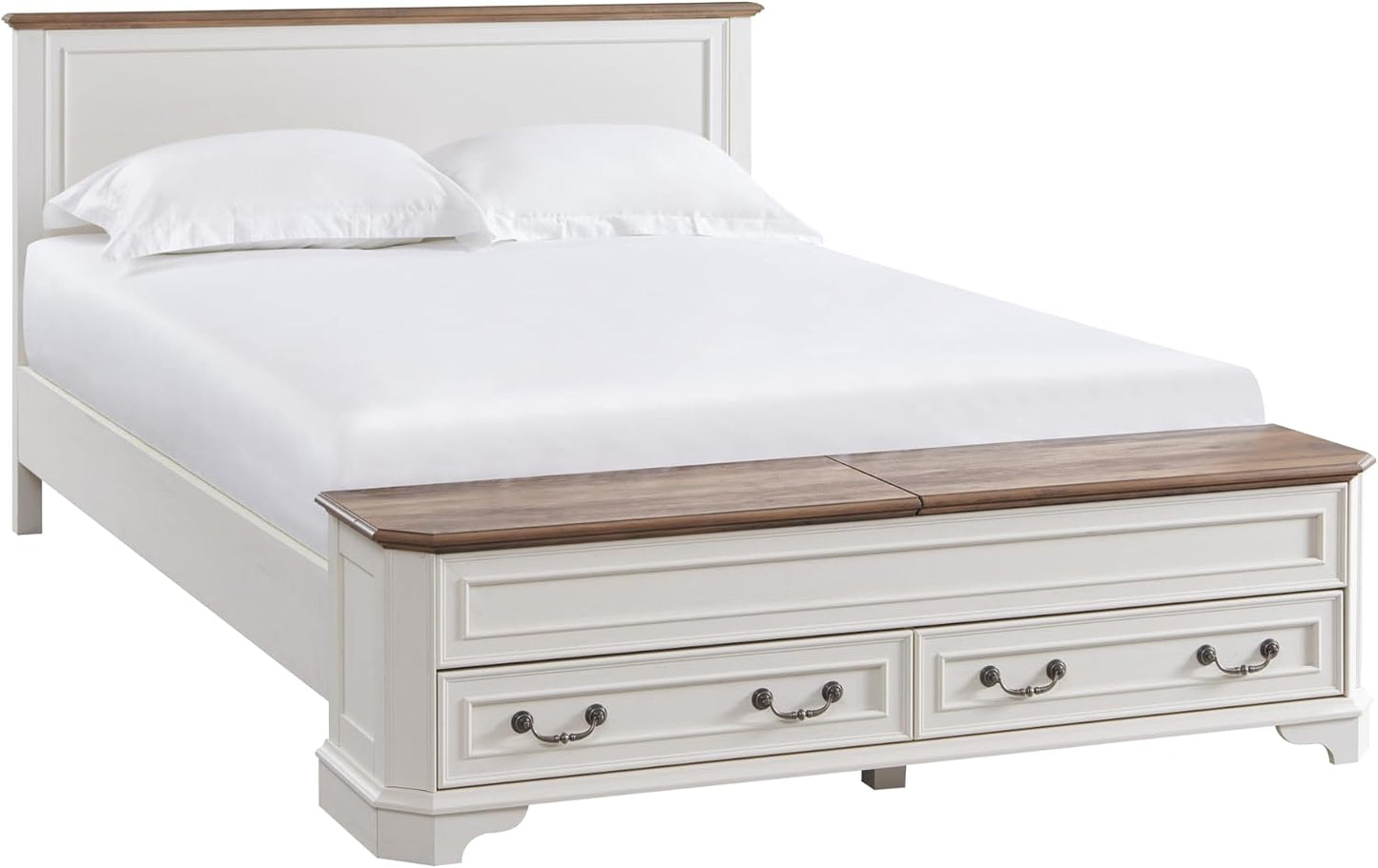 Farmhouse Queen Bed with Headboard and Storage Bench, Rustic Wood Platform Bed with 64" Storage Chest W/ 4 Large Drawer (Antique White)