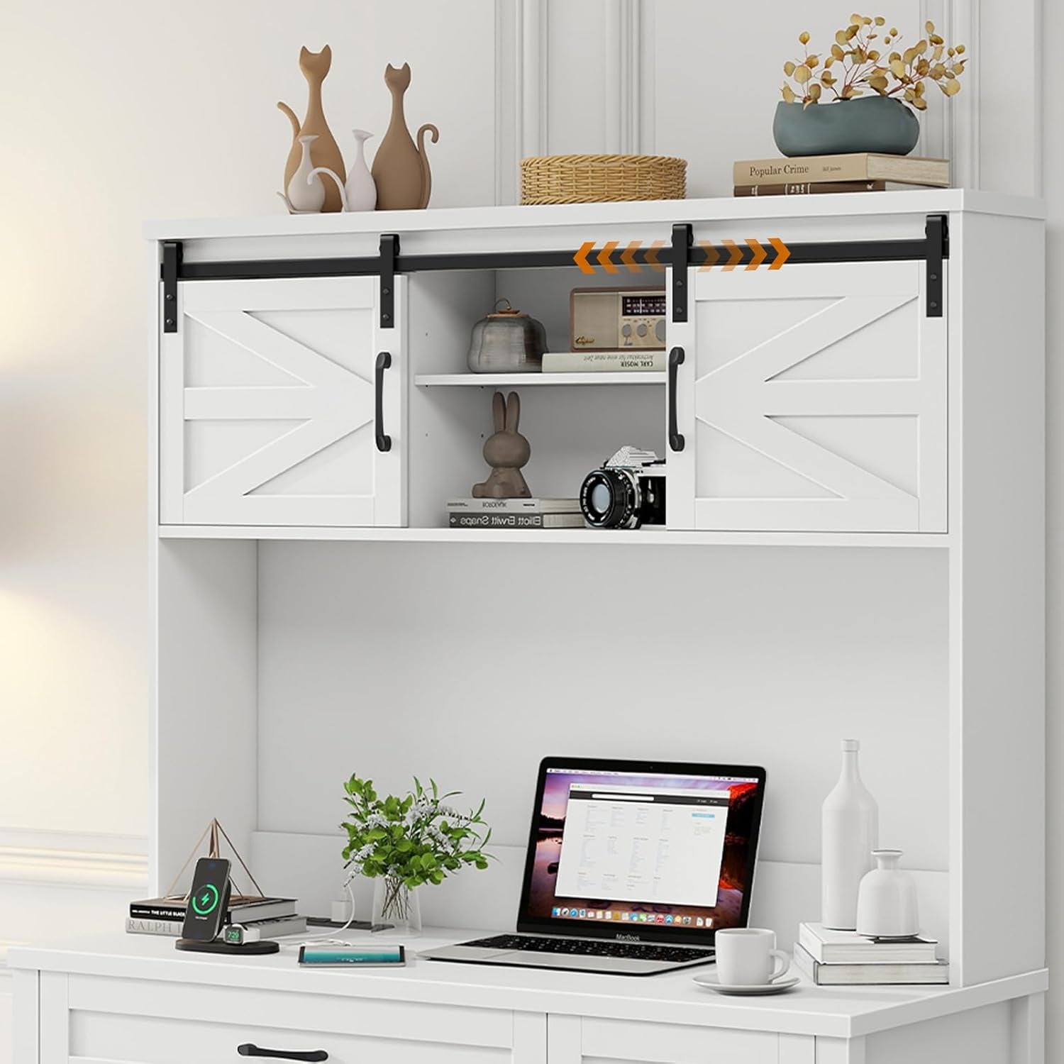 Farmhouse 47" Executive Desk, Computer Desks with 2 Drawers and Storage Cabinet, Home Office Desk with Hutch and Charging Station, Workspace for Work and Study. (Cream White.