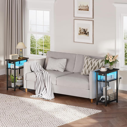 Narrow Side Table with Charging Station and LED Light, Small End Table with Storage, Skinny Nightstand with USB Port, Slim Bedside Table for Small Spaces, Living Room, Black BB242UDBZ01