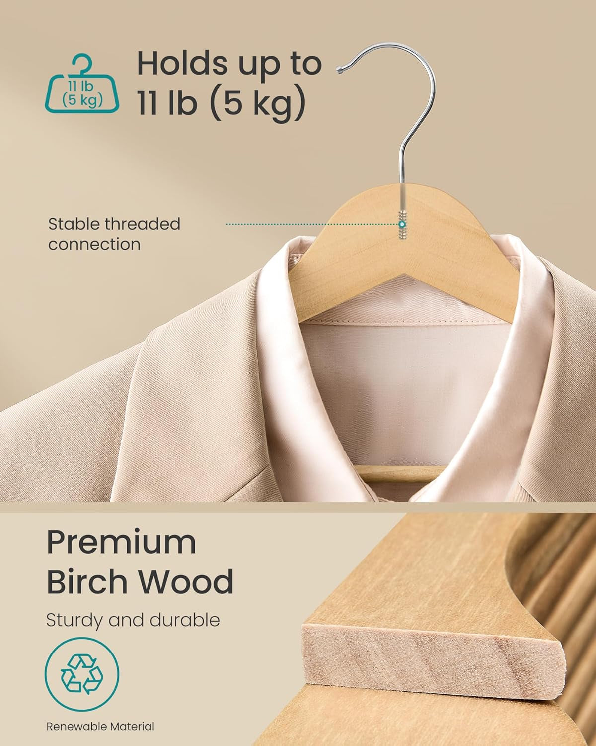 Wooden Hangers, Pack of 30, Coat Hangers, Pants Bar, 360° Swivel Hooks, Solid Birch Wood, Space Saving, for Jackets, Shirts, Coats, Natural Beige UCRW030K01