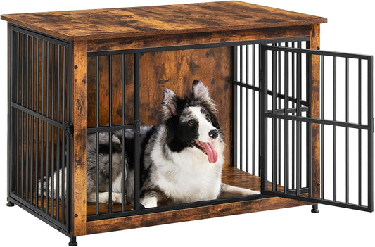 Dog Crate Furniture, 38.6" Side End Table, Modern Kennel for Dogs Indoor up to 70 Lb, Heavy-Duty Dog Cage with Enclosed Base, Double-Door Dog House, Rustic Brown UPFC023X01